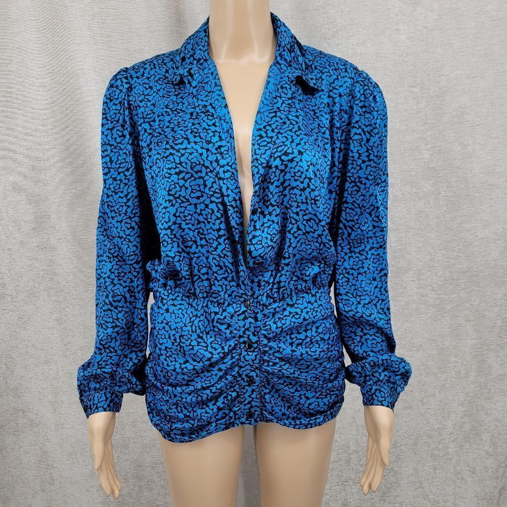 Jerri Sherman Vintage 80s Silk Rouched Blouse Cinched Waist Blue Long Sleeves